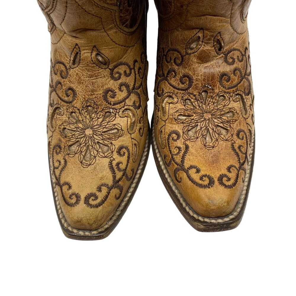 Jar Boot's Made in Mexico Tan Leather Cut-Out/Embroidery Snip Toe boots Girl 1 - Picture 9 of 14